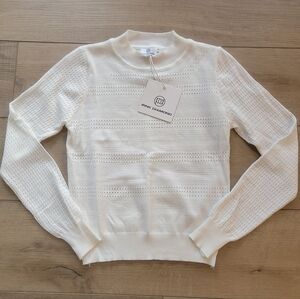 NWT! Pink Diamond Acrylic Cotton Open Pointelle Knit White Crewneck Sweater Sz S
